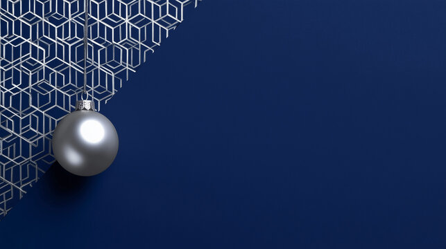 Minimalist Silver Christmas Ornament and Geometric Cubes on Dark Blue Background. Corporate Holiday Card, Luxury Celebration, and Abstract Design Concept.