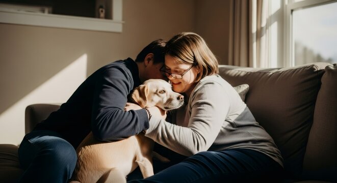 Young woman with glasses and man cuddling golden retriever dog on sofa in sunlit room, concepts of pet therapy and companionship for autism.