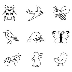 春の動物や昆虫を描いたシンプルな線画イラストセット