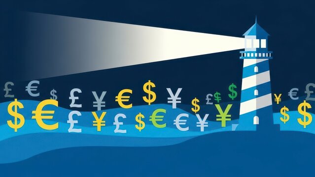 Lighthouse Guiding Global Currency Symbols Through Financial Seas.