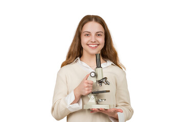 Student of biology. Back to school. Teen girl with microscope isolated on white. Biology science for schoolgirl. Microscope research. Chemistry experiment. School biology girl hold microscope