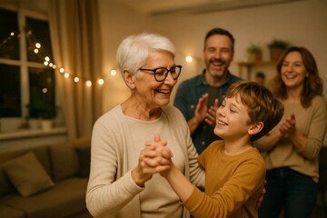 Joyful grandmother dancing with young grandson at home, with family clapping and smiling in the background during celebration.
