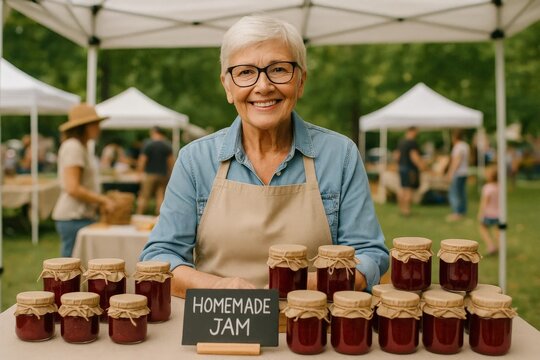 Senior woman selling homemade jam at outdoor farmers market, smiling at camera.