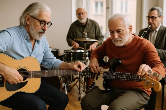 Group of senior musicians rehearsing indoors, playing guitar, bass, drums, and clarinet, focused and enjoying making music together. - Powered by Adobe