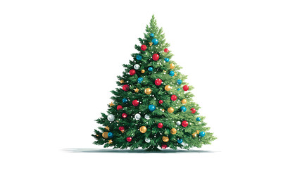 Christmas tree, festive element, flat vector design, bright green with colorful baubles, isolated on white background.