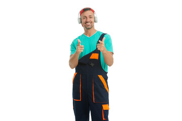 Successful supervisor worker man point finger. Man construction worker. Workman at break isolated...