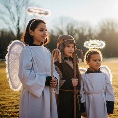 Obraz premium Three children in nativity play costumes, two girls dressed as angels and one boy as a shepherd, for Christmas, Epiphany, Christian holiday.