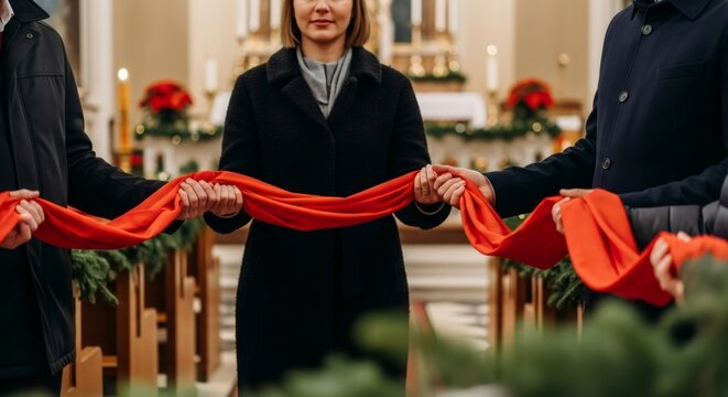 Woman and men holding red cloth together inside a church. Christian holiday celebration, religious tradition.