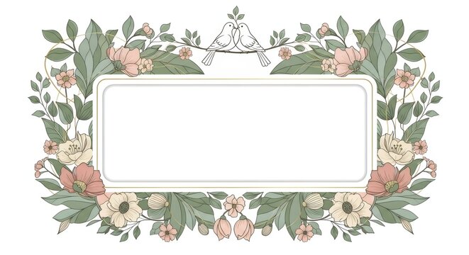 Elegant floral frame with doves and leaves. Blank space with pastel flowers for greeting card, invitation or announcement.