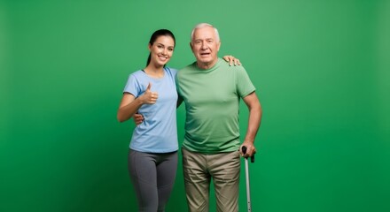 Young woman with older man doing thumbs up on green screen background. Happy people chroma key effect.