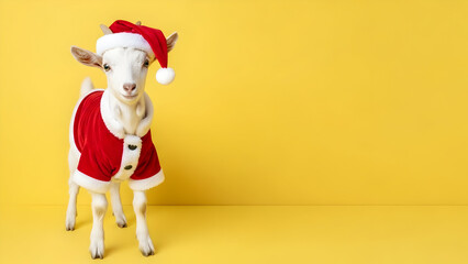 Cute Baby Goat Wearing Santa Claus Costume and Hat on Yellow Background - Funny Christmas Joy
