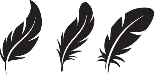 Set of Bird Feather. Feathers vector set in a flat style. Pen icon. Black quill feather silhouette. Plumelet collection isolated on white background