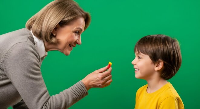 Woman giving candy to boy. Grandmother shares sweet with excited grandchild. Happy family moment with dessert on green screen.