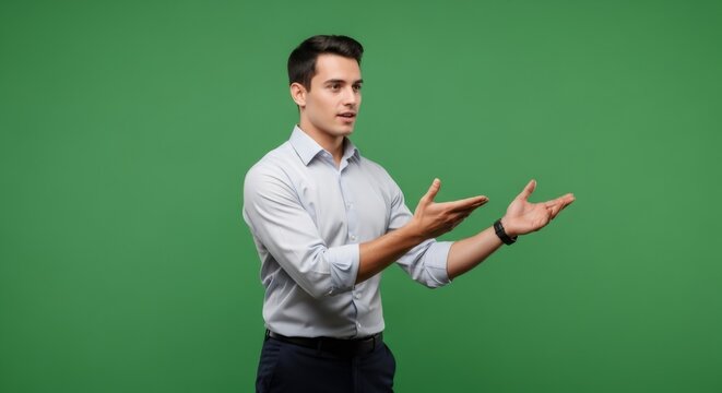 Man gesturing with hands. Caucasian guy presenting virtual object. Concept for chromakey compositing with green screen background.