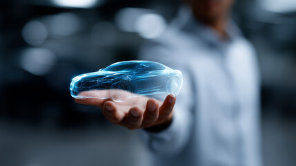 futuristic holographic smart-car interface projected above a hand, high-tech translucent digital car model glowing in blue light, floating dashboard panels, speed indicators, batte