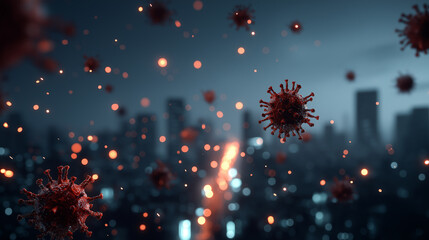 A visually stunning representation of virus particles floating over a blurred cityscape at night, illustrating a blend of science and digital art.