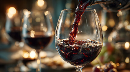 decanting. Elegant wine glasses with red wine during pouring in a fine dining setting. bar promotions, beverage menus, designed for product packaging and bar promotions, elevates brand perception.