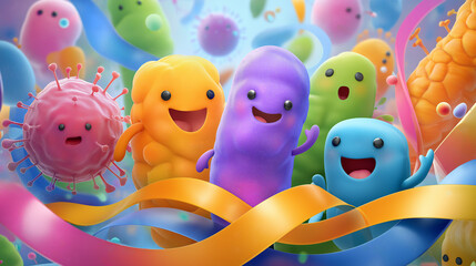 A vibrant, whimsical depiction of colorful microbe characters, joyfully interacting amidst a fantastical, microscopic world full of playful shapes and colors.
