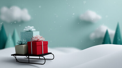 minimalist winter holiday landscape in clean flat vector style, soft pastel colors, wide horizontal composition. light mint-green sky covering the entire upper part of the canvas,