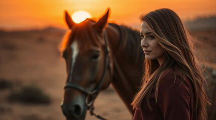 Close-up of a woman and a horse walking along against sunset on a calm evening in an open field