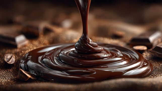 Close up view of dark melted chocolate being poured into a pool of more melted chocolate