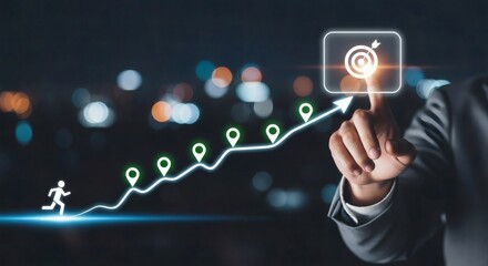 Business growth strategy and goal achievement concept. Hand guiding growth line toward final target
