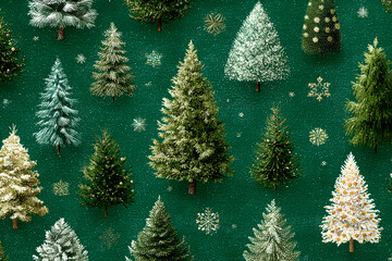 Green Christmas background with snowflakes and christmas trees,seamless pattern of christmas trees and snowflakes on green background,Christmas wrapping paper, Xmas pattern with ornaments.