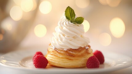 A delectable puff pastry dessert adorned with whipped cream, fresh mint, and vibrant raspberries, set against a softly blurred, bokehlit backdrop