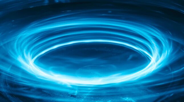 Abstract, powerful visualization of a radioactive source emitting concentric waves of glowing blue Cherenkov radiation &mdash; beautiful yet dangerous energy ripples captured in a striking scientific style.