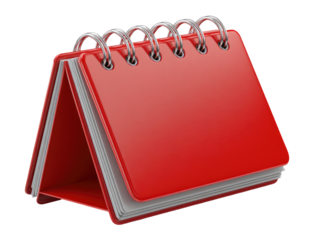 A 3D render of a blank, bright red desk calendar with silver wire-o binding, standing open on a transparent background