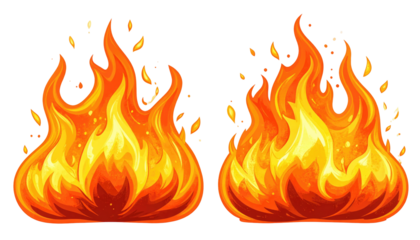 Two cartoon flames burning brightly, with vivid orange and yellow hues, and small sparks floating around them