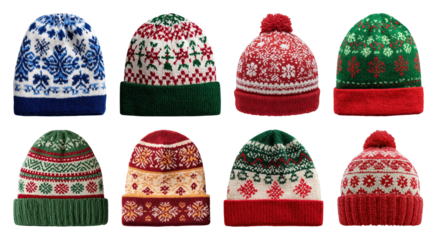 PNG Colorful knitted winter hats element set, transparent background