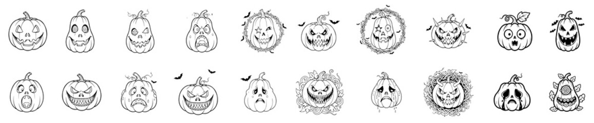 Fototapeta premium Monochrome Halloween Pumpkin Head Carving Vector Graphics Bundle.