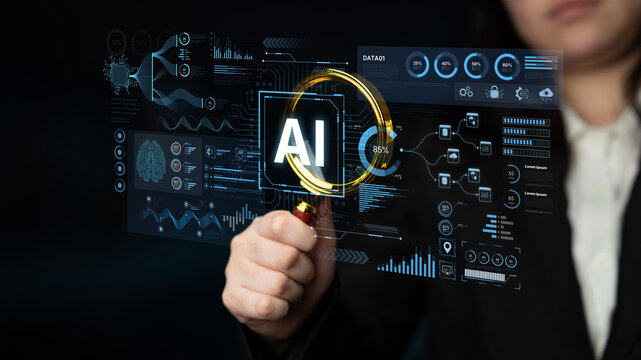 A futuristic AI dashboard for business intelligence. This platform showcases advanced data analytics, processing complex information into visual charts and graphs for strategic insights. Fermion