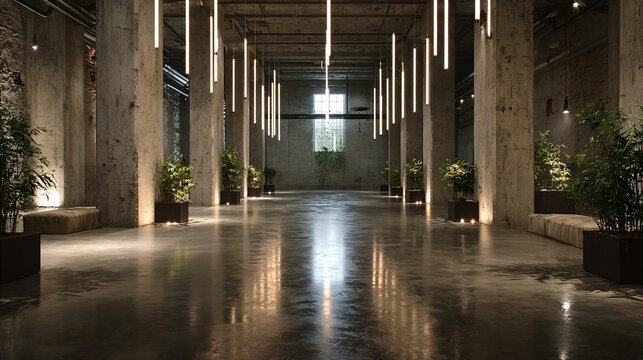 Interior view of a modern building with concrete pillars plants and hanging lights.
