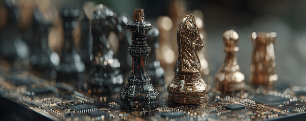 Futuristic chess pieces on a circuit board chessboard, concept for strategic technology planning, cybersecurity visualization and digital transformation initiative