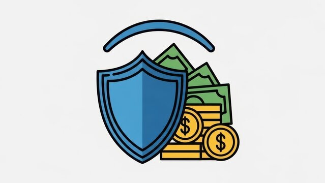 Secure Financial Protection Shield with Money and Coins.