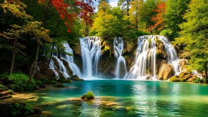 Obraz premium Majestic waterfall cascading into a turquoise pool surrounded by lush autumnal forest