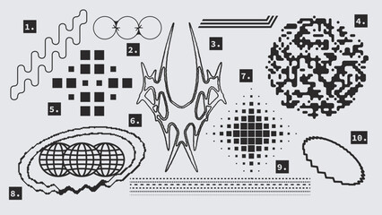 Vector Graphic Assets Set. Shapes in Y2k style, Futuristic, Brutalist, Anti-design