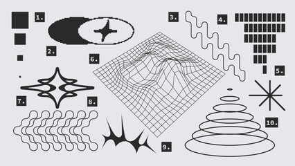 Vector Graphic Assets Set. Shapes in Y2k style, Futuristic, Brutalist, Anti-design