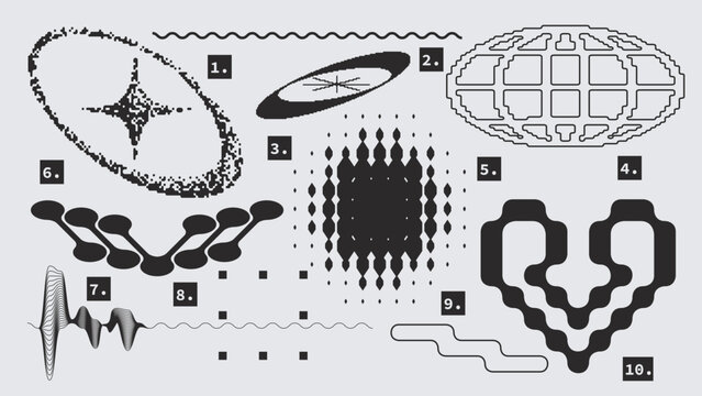 Vector Graphic Assets Set. Shapes in Y2k style, Futuristic, Brutalist, Anti-design