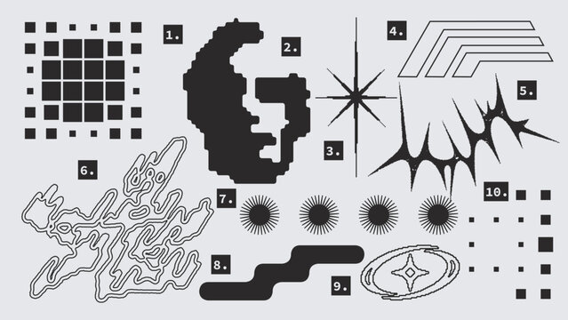 Vector Graphic Assets Set. Shapes in Y2k style, Futuristic, Brutalist, Anti-design