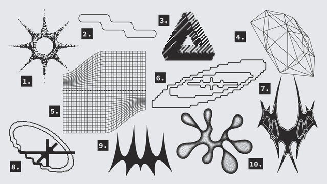 Vector Graphic Assets Set. Shapes in Y2k style, Futuristic, Brutalist, Anti-design