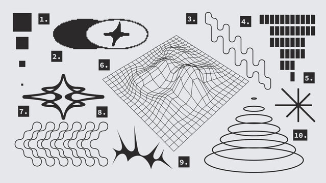 Vector Graphic Assets Set. Shapes in Y2k style, Futuristic, Brutalist, Anti-design