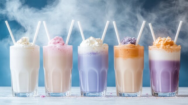 A delightful array of colorful milkshakes, each topped with whipped cream and a straw, set against a vibrant blue backdrop, creating a tempting treat