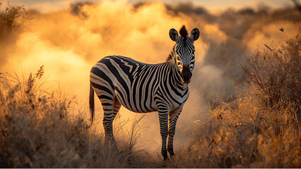 Majestic Zebra Standing in Golden Sunset Dust on the Savannah