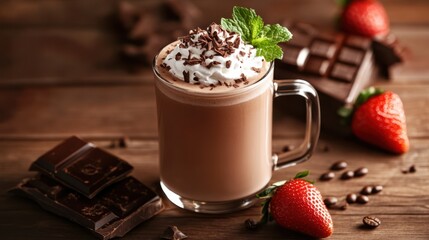 Indulge in a creamy hot chocolate topped with whipped cream, chocolate shavings, and mint, accompanied by fresh strawberries and dark chocolate