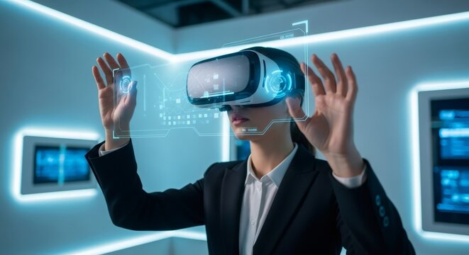 Young woman interacting with virtual reality headset. Metaverse with digital data and future innovative technology for communication network.