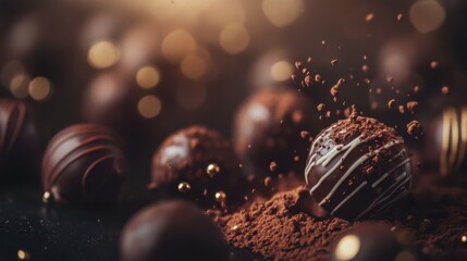 Indulge in the rich allure of chocolate truffles, adorned with delicate cocoa powder and elegant white chocolate drizzle, a symphony of flavors