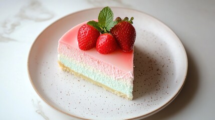 A delectable slice of strawberry cheesecake with a mint garnish, isolated on white background, showcasing its creamy layers and fresh fruit topping